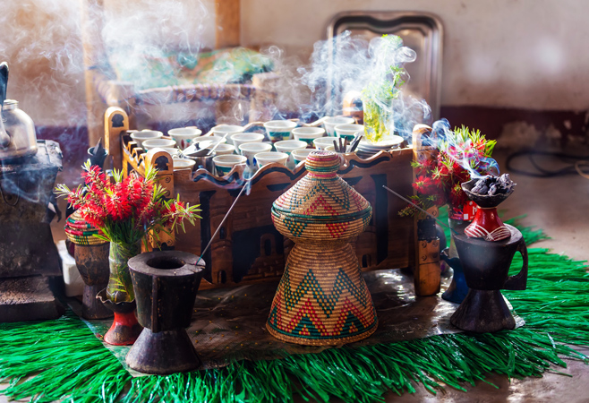 Traditional Ethiopian coffee ceremony setup