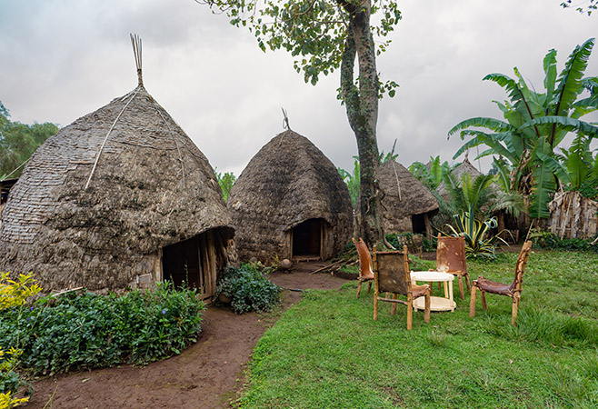 Traditional beehive-shaped bamboo huts in Dorze Village, showcasing the unique architecture of the Dorze people