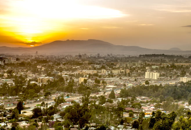 Evening sunset view from Entoto Hills overlooking Addis Ababa cityscape